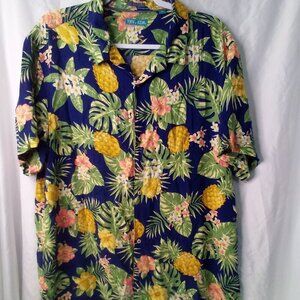 Tenth + Ocean Shirt Button Up Short Sleeve Tropical Pineapple Blue Green
